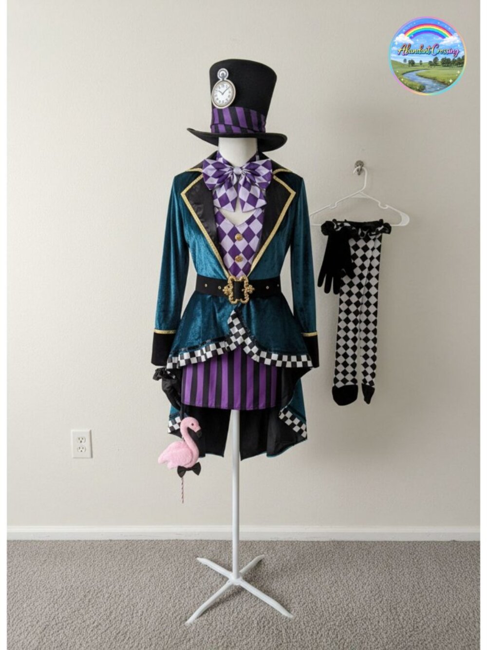 Mad Hatter Costume Velvet Jacket Dress Belt Hat 5 Piece